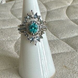 Bomb Party - 2 piece Halo Ring - Blue Stones - Size 5 - Rhodium Plated